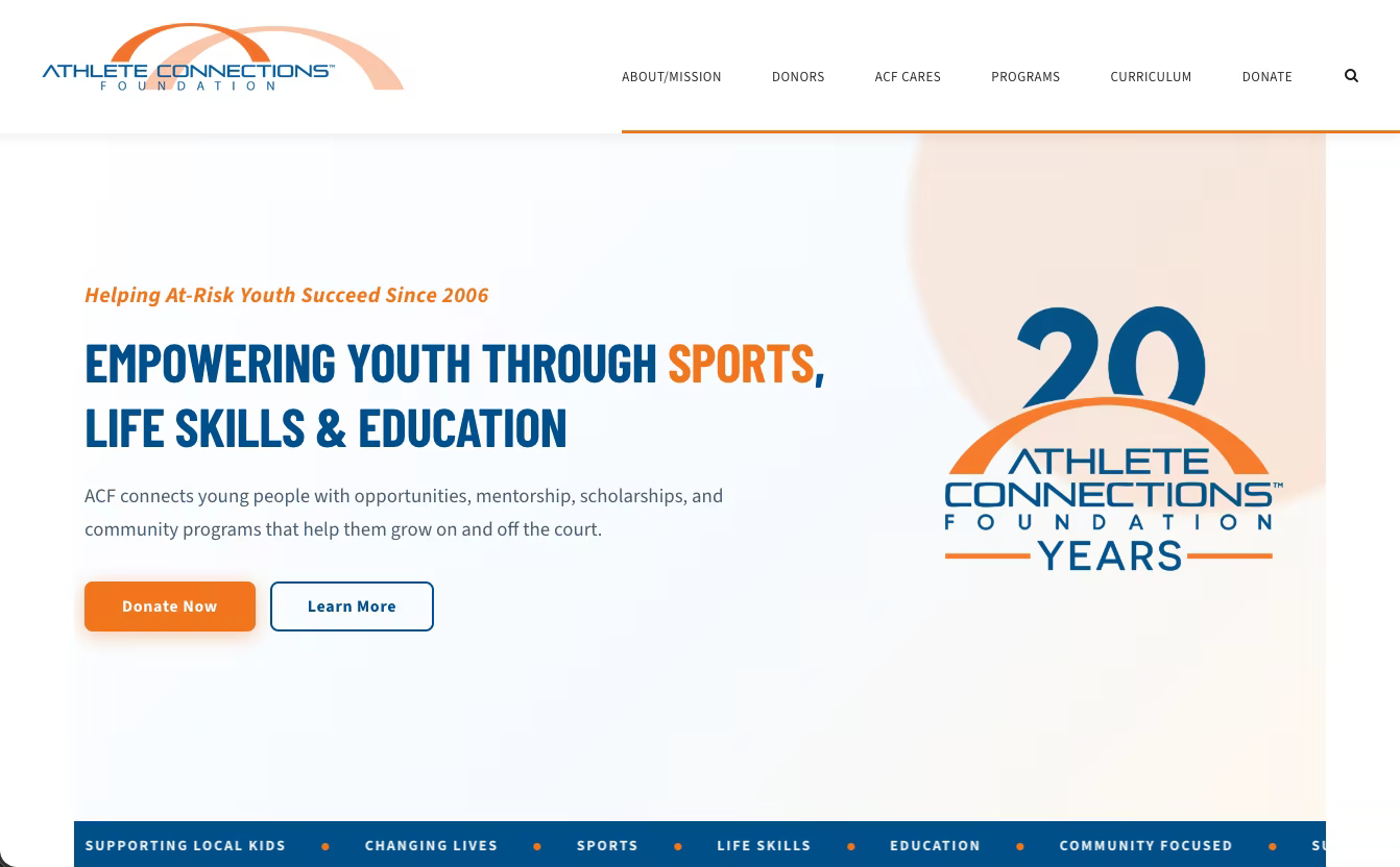 Redesigned Athlete Connections Foundation homepage
