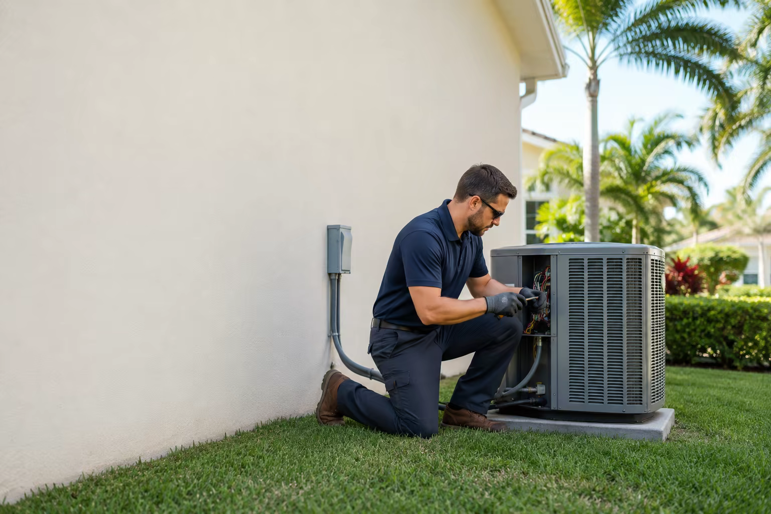 HVAC technician servicing an outdoor air-conditioning unit
