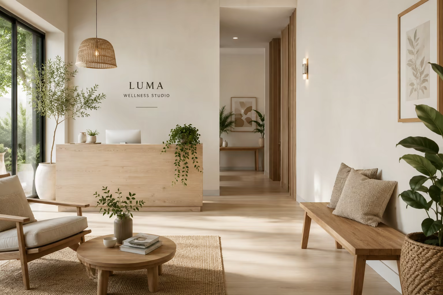 Warm, contemporary wellness studio reception area